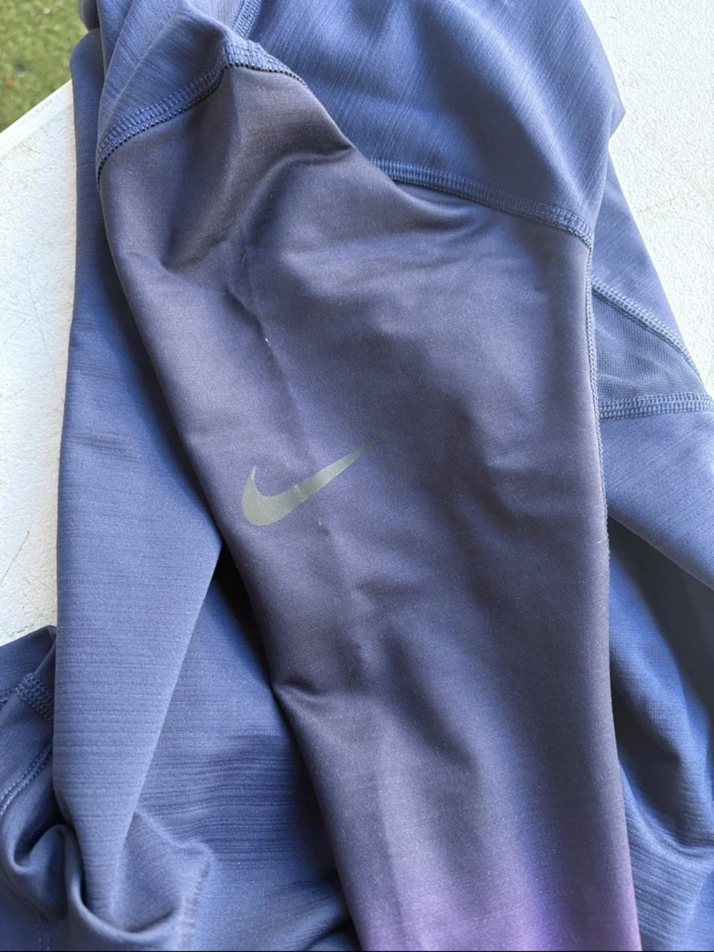 Nike Women's Navy Long Sleeve Performance Top with Pink Ombre Sleeves, size M